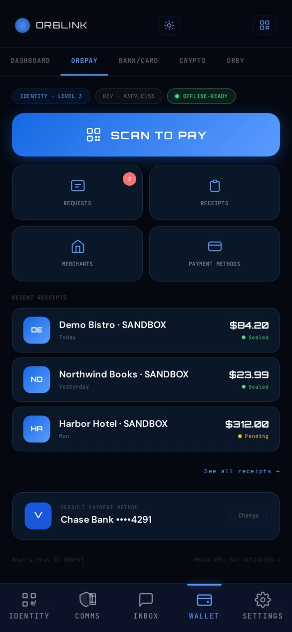 ORBPAY home screen